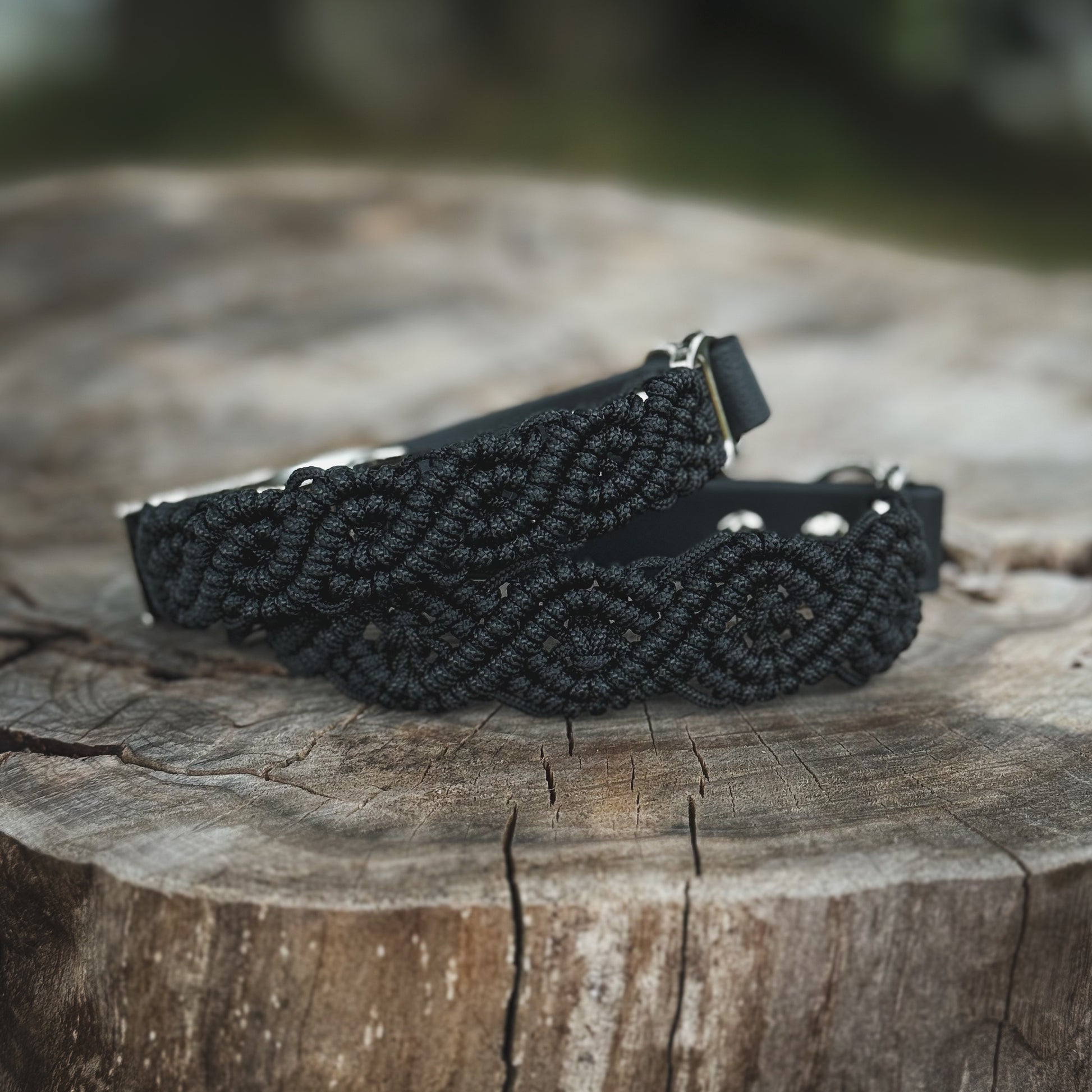 Närbild av svart paracord-hundhalsband med hållbar BioThane-rem