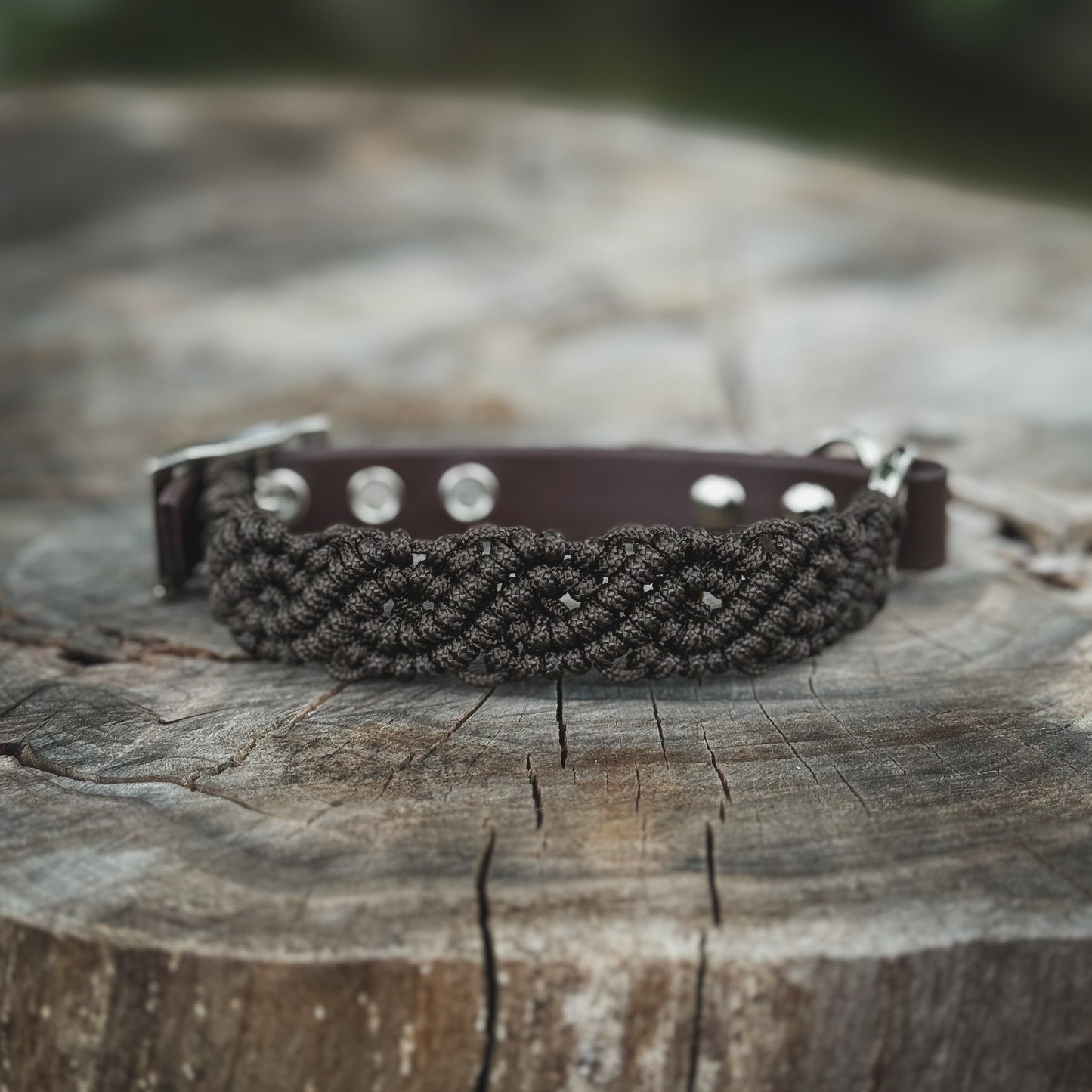 Flätat mörkbrunt hundhalsband i paracord, handgjort med justerbar BioThane-rem